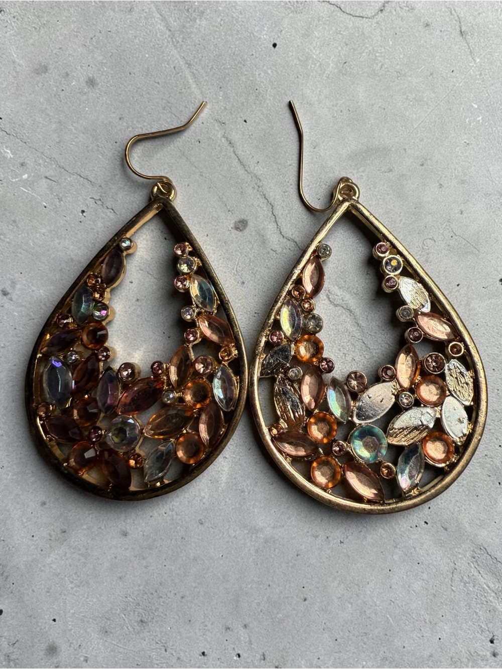 Gold Teardrop Crystal Drop Earrings - Pink and Amber Accents